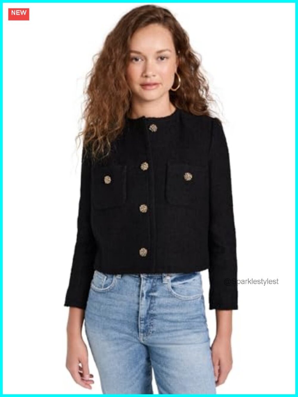 Mid-Weight Tweed Jacket with Gold-Tone Buttons, Padded Shoulders, Button Placket
